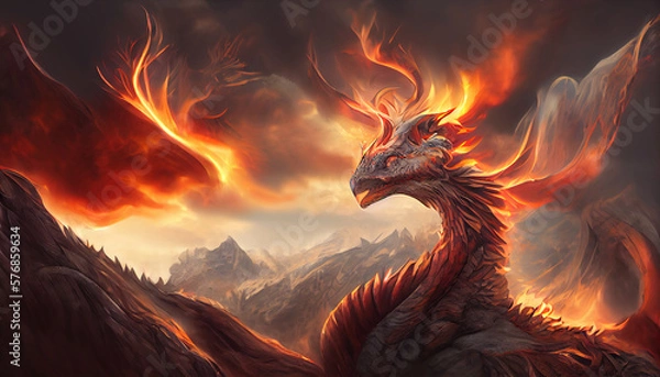 Fototapeta Giant red fire dragon Generative AI