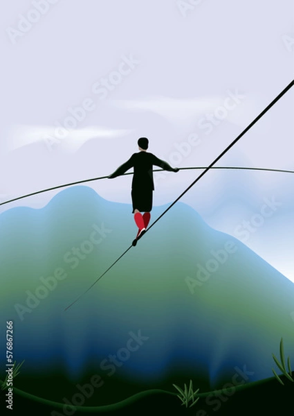 Fototapeta vector illustration of the person walking a tightrope in the mountains, blue sky, clouds, balance concept.