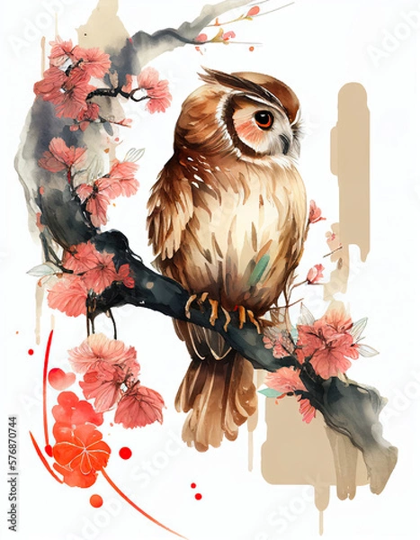 Obraz Beautiful Owl Japanese Style Watercolor Illustration Logo. Generative AI