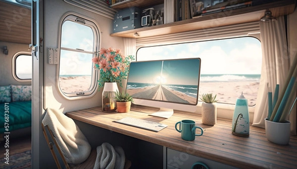Fototapeta A Cozy and Productive Home Office with Scenic Views