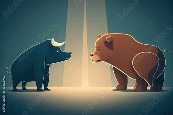 Fototapeta The Stock Market Can Go Both Ways. Stock market trend represented by a bull and a bear. Generative AI
