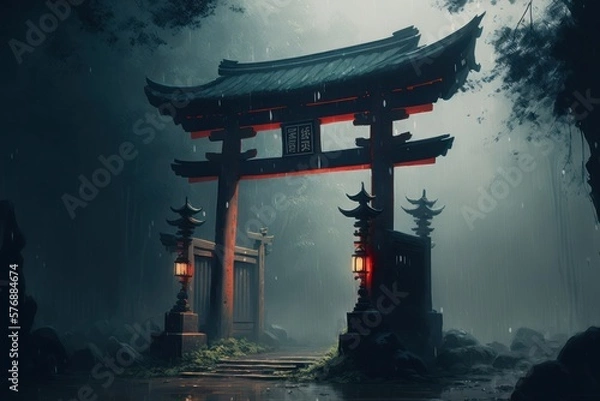 Fototapeta Ancient Fantasy Torii Gate in the Rain, Concept Art, Digital Illustration, Generative AI