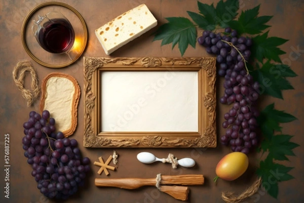 Fototapeta blank horizontal frame empty made with grapes, bread, red wine, holy communion background, copy space, generative ai