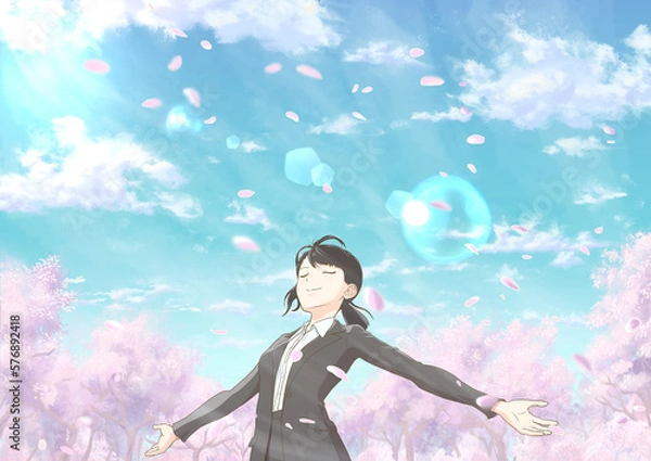 Obraz 深呼吸する新社会人_桜と桜吹雪あり_フレア有