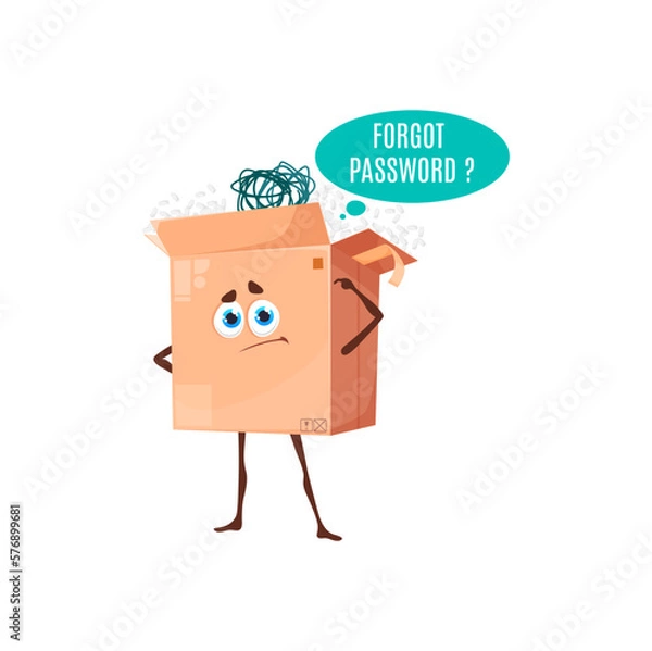 Fototapeta Forgot password cartoon parcel box character. Pensive cardboard package scratching head. Upset thoughtful mail pack personage lose important private information and personal data from account or email