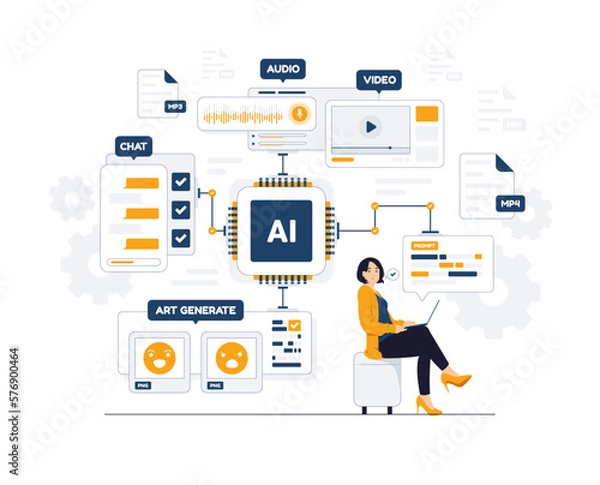 Obraz Artificial intelligence created generate art with prompt, AI servers and robots technology with neural network thinks. a digital brain is learning to process big data concept illustration