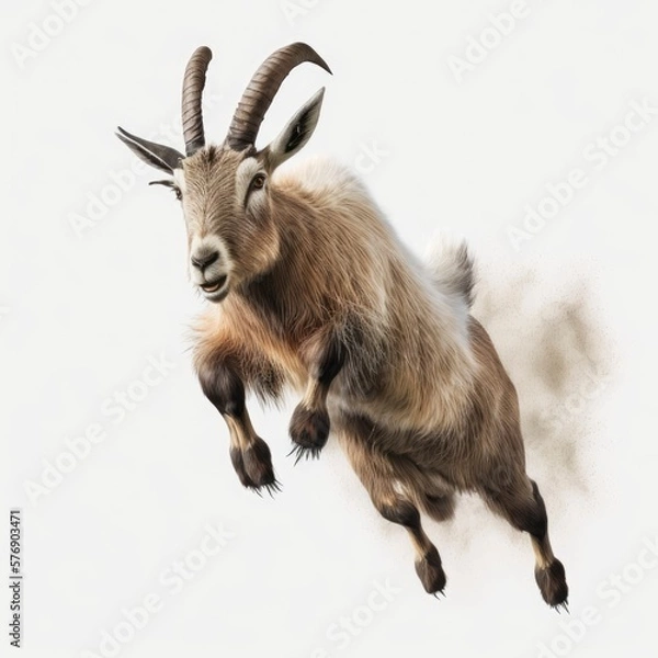 Fototapeta goat  jumping isolated on white background, motion move animal, copy space, generative ai