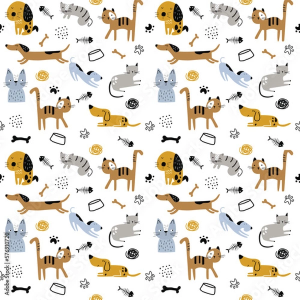 Fototapeta Seamless kids pattern with funny cats and dogs. Cute and simple childish repeated pattern. Creative kids texture for fabric, wrapping, textile, wallpaper, apparel etc.