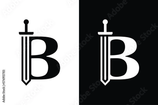 Fototapeta Letter B with sword combination concept on black and white background. Very suitable for symbol, logo, company name, brand name, personal name, icon and many more.