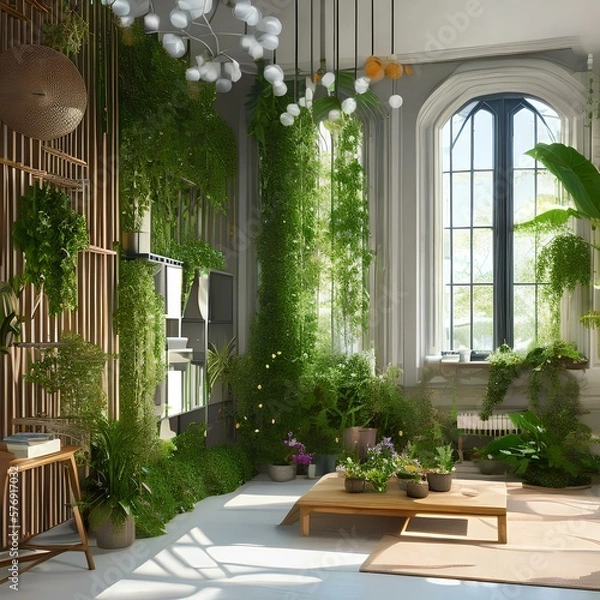 Fototapeta a bright and airy room with a lot of plants3, Generative AI