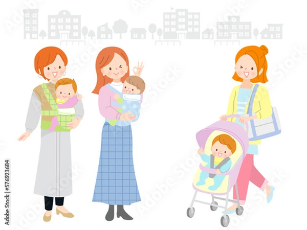 Fototapeta オシャレをして赤ちゃんと一緒に外出する若いママ達