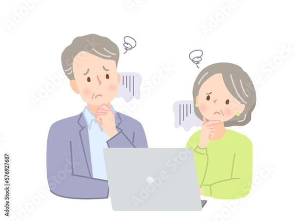 Fototapeta パソコンを見ながら考える、困った表情のシニア男女のイラスト素材