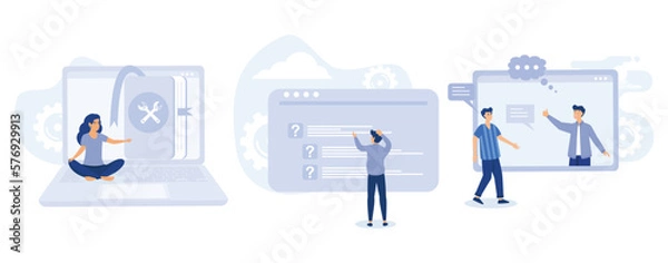 Obraz Customer help service concept, Guides, FAQ and website support team, chatbot client problem solving, hotline call, online assistant, user experience, set flat vector modern illustration
