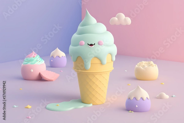 Obraz Tiny cute isometric design delicious ice cream emoji 3d render made with Generative AI