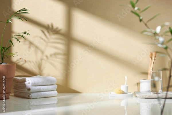 Fototapeta Various objects on a white tile background with warm sunlight shining through
