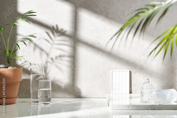 Fototapeta Various objects on a white tile background with warm sunlight shining through
