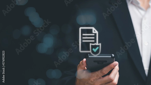 Fototapeta Businessman checking the steps through a virtual online document with a list of checkboxes Concepts of practices and policies, company articles of association Terms and Conditions ,check correctness