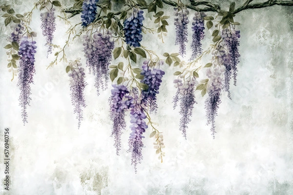 Fototapeta Blooming wisteria and grey textured background,  generative AI wallpaper