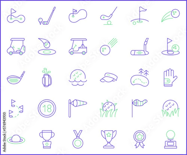 Fototapeta Simple Set of golf Related Vector Line Icons.Vector collection of sport, ball, field, stick, glove, cart, umbrella, flag and design elements symbols or logo element.