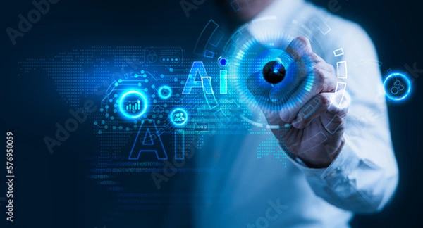 Fototapeta Businessman touching artificial intelligence (AI) for business growth development