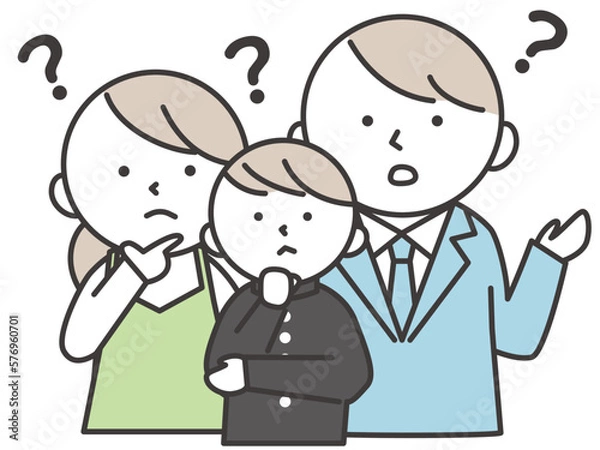 Fototapeta 学ランを着た悩んでいる表情の男子学生とその両親