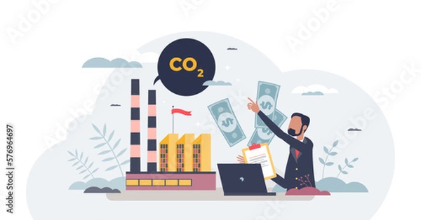 Fototapeta Carbon tax payment as factory CO2 gas emissions charge tiny person concept, transparent background.Polluted air damage pricing for greenhouse gases emitting reduction illustration.