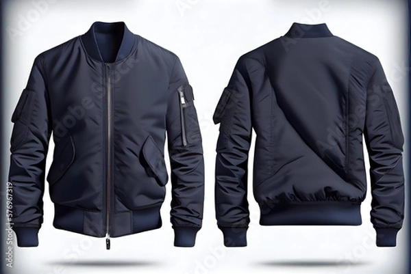 Fototapeta 白い背景に、generative ai に分離された空白のネイビー バーシティ ボンバー ジャケット