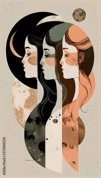 Fototapeta symbol art of luna sisters illustration, magic triple phase of moon,  astrology esoteric background, generative ai, sign of goddess and witchcraft, simple bohemian style art