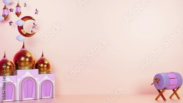 Fototapeta a background to celebrate Eid al-Fitr in pink with a picture of a mosque equipped with a drum and a crescent-shaped chandelier
