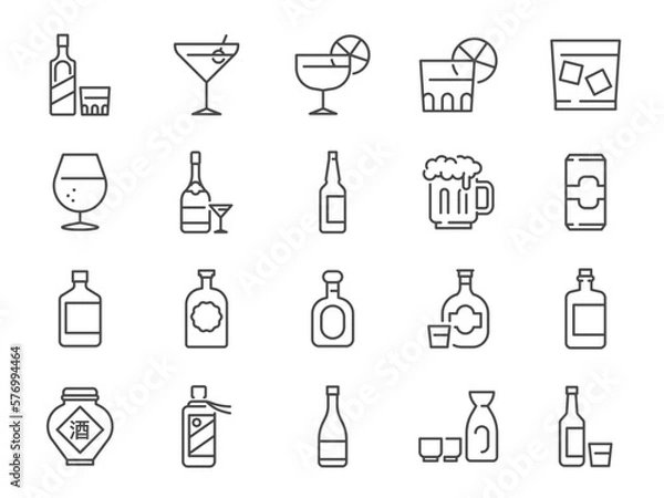 Fototapeta Alcohol and liquor icon set. It included icons such as whiskey, wine, Champagne, Soju, vodka, beer, and more.