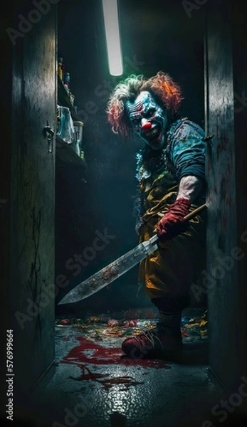 Fototapeta Clown with a scary look with a big knife in his hand. Generative AI.