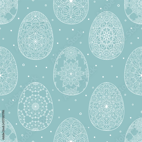 Obraz Hand drawn seamless pattern of Easter eggs with patterns, mandala, flowers, leaves on a blue background. Ornate outline illustration at Easter greeting card, wallpaper, wrapping paper, textile, fabric