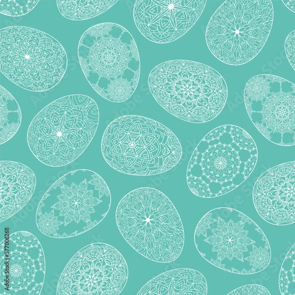 Obraz Hand drawn seamless pattern of Easter eggs with patterns, mandala, flowers, leaves on blue background. Ornate outline illustration at Easter greeting card, wallpaper, wrapping paper, textile, fabric