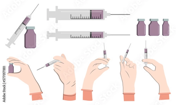 Obraz doctor hand wear glove holding syringe with needle shot for injection, vial of medicine with syringe and ampoule with vaccine or medicine. Doctor hands making an injection. Vaccination flu. Vector
