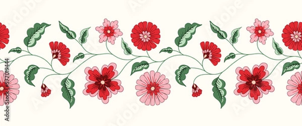 Obraz Indian Trailing Flowers Vector Seamless Hotrizontal Pattern Border. Cottagecore Chintz Floral Background. Delicate Summer Boho Print
