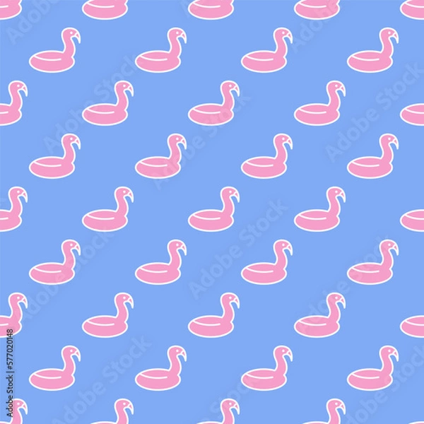 Fototapeta Rubber pink Flamingo. Pool, beach summer toy. Minimalistic icon. Colorful graphic Vector seamless pattern. Cartoon style, simple flat design. Trendy illustration. Blue background. Square wallpaper