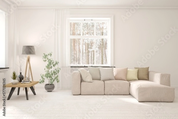 Obraz White living room with sofa and winter landscape in window. Scandinavian interior design. 3D illustration