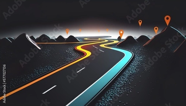 Obraz Neon color roadmap, street, dark background with goals created with generative ai technology