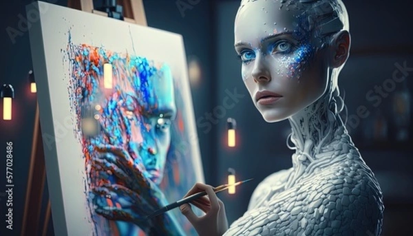Fototapeta AI robot creating creative art, deep learning, NLP, diffusion, computer generated illustrations created with generative ai technology