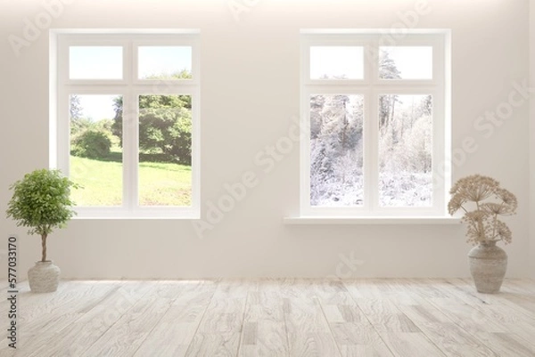Obraz White empty interior concept in hight resolution with summer and winter landscape in window. 3D illustration