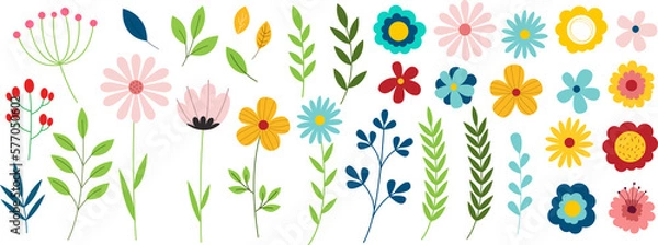 Fototapeta Flower elements. Doodle plants, leaves flowers and branches set. Illustration branch plant and flower silhouette on transparent background. PNG image 