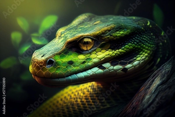 Fototapeta Close up of green python, green snake. Generative AI, Generative, AI