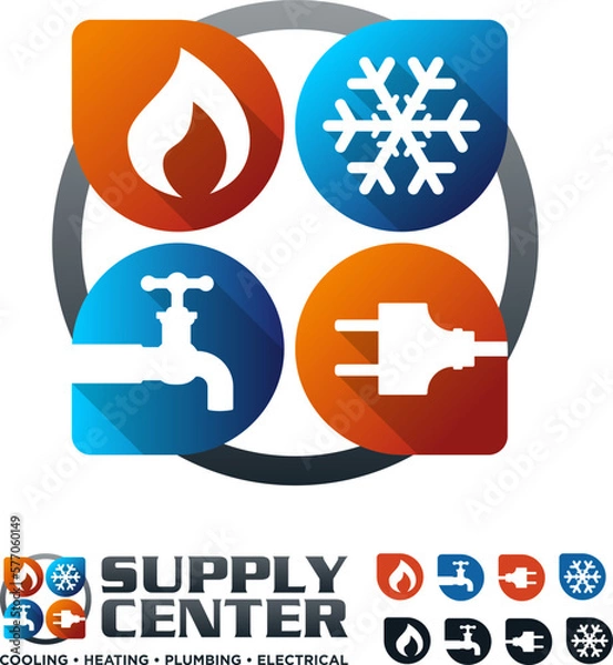 Obraz Heating Cooling HVAC Electrical Plumbing Equipment and Service Pin Area Brand Logo Icon Vector Design Concept

