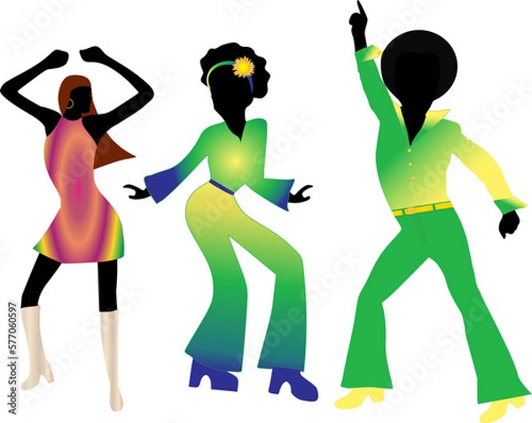 Fototapeta silhouettes of disco dancers dressed in bright colors