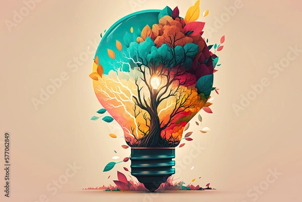 Fototapeta Illustration depicting a tree growing out of a light bulb in bright modern colors. Generative AI