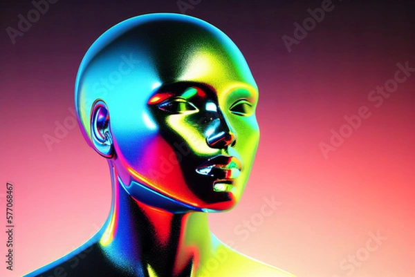 Fototapeta Abstract 3D illustration of holographic human face in space, robotic head made of glossy iridescent material. Artificial intelligence concept. generated with generative ai