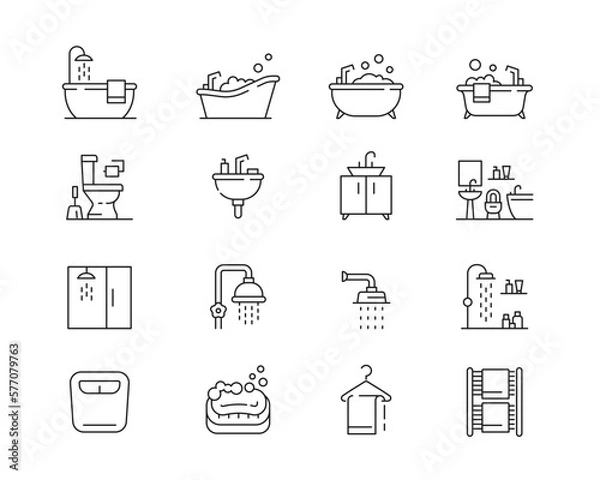 Fototapeta Bathroom Icon collection containing 16 editable stroke icons. Perfect for logos, stats and infographics. Change the thickness of the line in Adobe Illustrator (or any vector capable app).