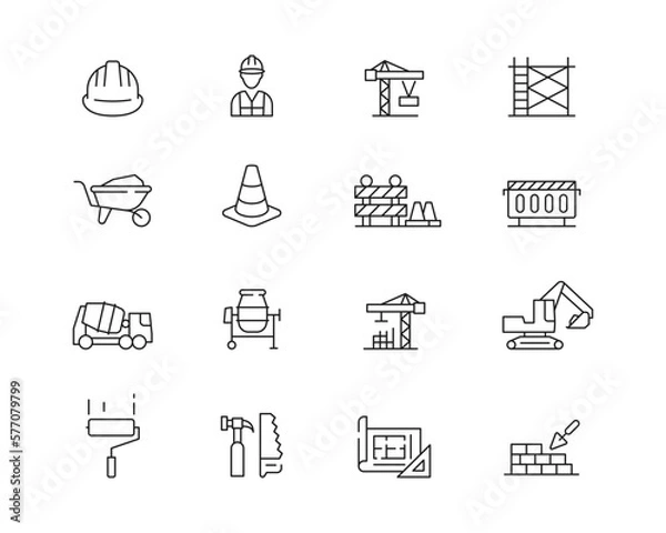Fototapeta Construction Icon collection containing 16 editable stroke icons. Perfect for logos, stats and infographics. Change the thickness of the line in Adobe Illustrator (or any vector capable app).