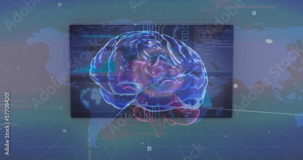 Fototapeta Image of human brain, data processing over world map