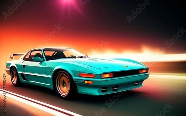 Fototapeta Sparky retro car of the 90s in motion, neon light, Polaroid effect, generative ai	